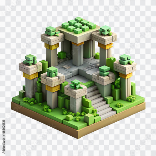 3D Voxel Rainforest Ruins Icon | Pixel Jungle Ancient Structures, Adventure Scene