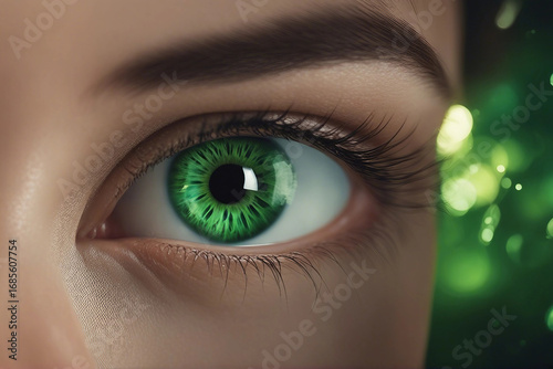 A detailed, ultra-realistic illustration of a vibrant green eye. photography of green eye.