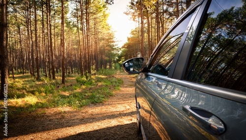 Wallpaper Mural car door in the forest through pine tree garden Torontodigital.ca