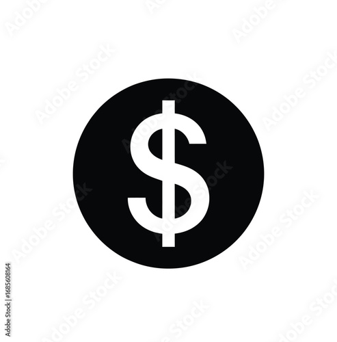 Minimalist black circular icon featuring a bold white dollar sign, symbolizing currency, finance, and economic value in a clean graphic design for various financial concepts