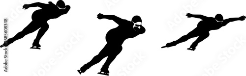 Silhouette illustration of three speed skaters in motion on ice with bent posture and skates visible | editable eps vectors
