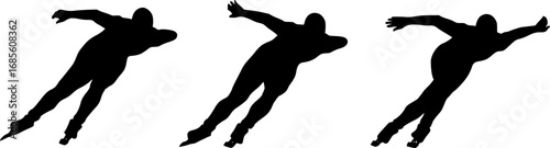 Silhouette illustration of three speed skaters in motion on ice with bent posture and skates visible | editable eps vectors
