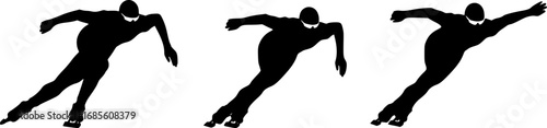 Silhouette illustration of three speed skaters in motion on ice with bent posture and skates visible | editable eps vectors
