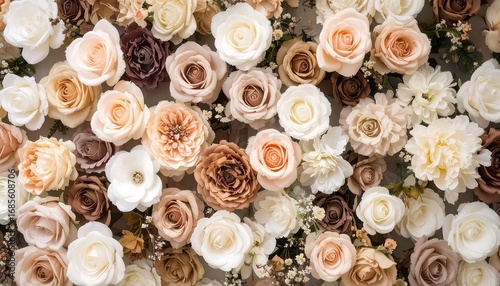 A wall adorned with a multitude of pastel-colored flowers, predominantly roses in various shades of beige, peach, and taupe