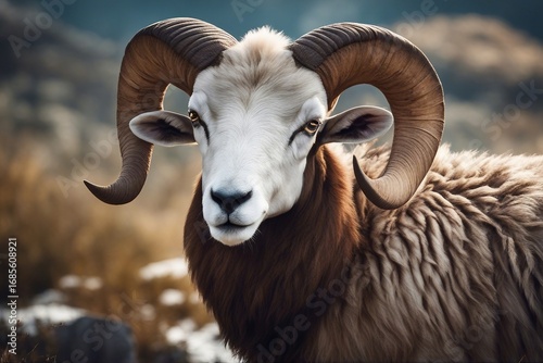 A close-up view of a ram's head, showcasing its large, curved horns in a natural environment. Generative AI