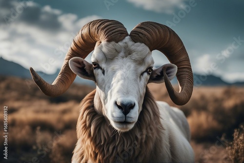 A close-up view of a ram's head, showcasing its large, curved horns in a natural environment. Generative AI