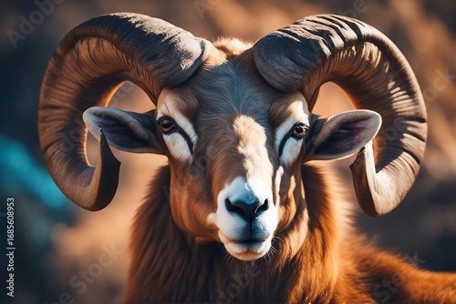A close-up view of a ram's head, showcasing its large, curved horns in a natural environment. Generative AI