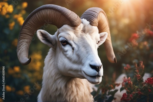 A close-up view of a ram's head, showcasing its large, curved horns in a natural environment. Generative AI