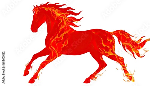 A vibrant red horse with flames flowing from its mane and body. The horse is in motion, symbolizing energy and the spirit of the New Year.