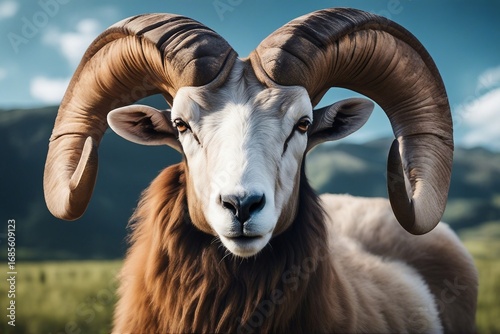 A close-up view of a ram's head, showcasing its large, curved horns in a natural environment. Generative AI
