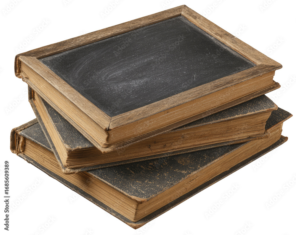 Obraz premium Three aged books, stacked, with a dark chalkboard-like surface on top. The books' covers show signs of age, with a worn, muted brownish-yellow color
