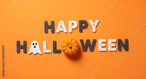 Happy halloween text with a cute ghost and a small pumpkin on an orange background, ideal for festive greetings and social media posts