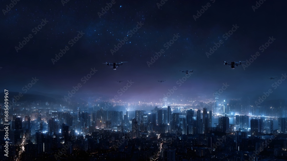 Fototapeta premium Futuristic smart city skyline at night with autonomous drones flying over illuminated urban architecture under a starry sky