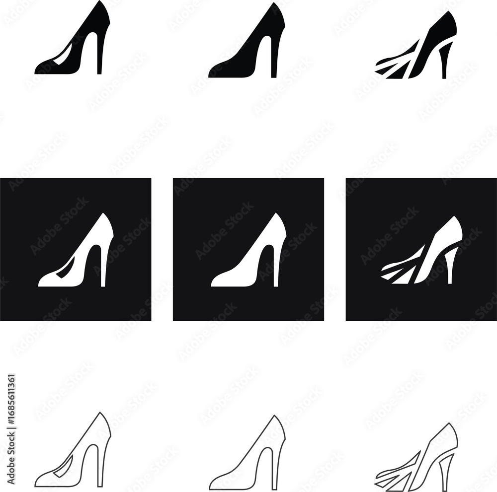 Fototapeta premium Women’s chic footwear high heel vector icons in different styles, ideal for clothing lines, boutique branding, and stylish fashion posters.