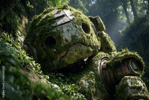 Robot statue lush green jungle high resolution picture