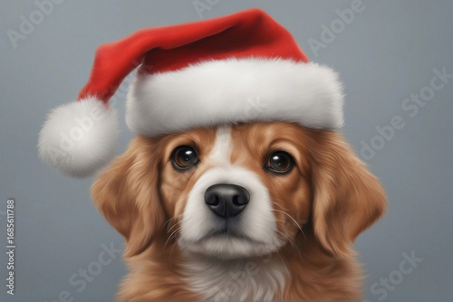 A charming illustration of a cute dog wearing a Christmas hat. Generative AI
