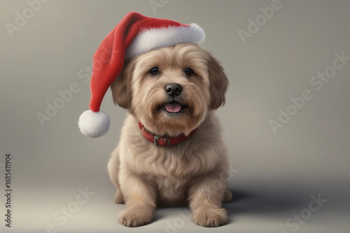 A charming illustration of a cute dog wearing a Christmas hat. Generative AI