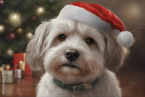 A charming illustration of a cute dog wearing a Christmas hat. Generative AI