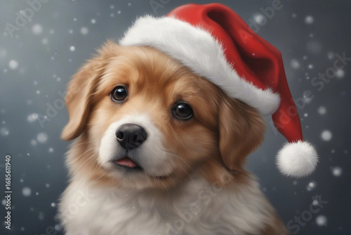 A charming illustration of a cute dog wearing a Christmas hat. Generative AI