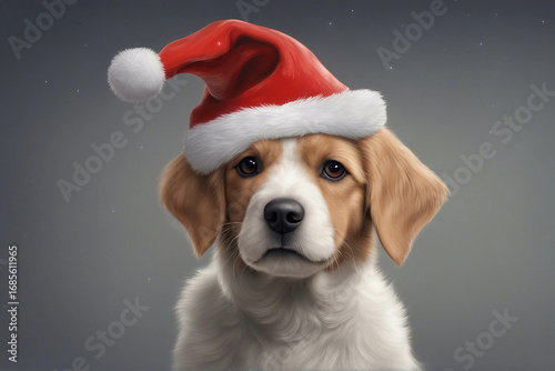 A charming illustration of a cute dog wearing a Christmas hat. Generative AI