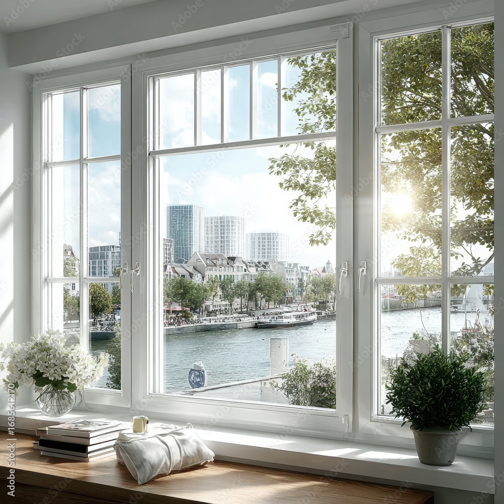 Fototapeta premium Bright Window View of Cityscape, River, and Sunlight with Potted Plant