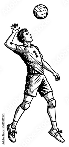 Young Man Volleyball Player Spiking Ball in Dynamic Athletic Pose Black and White Outline Line Art Drawing