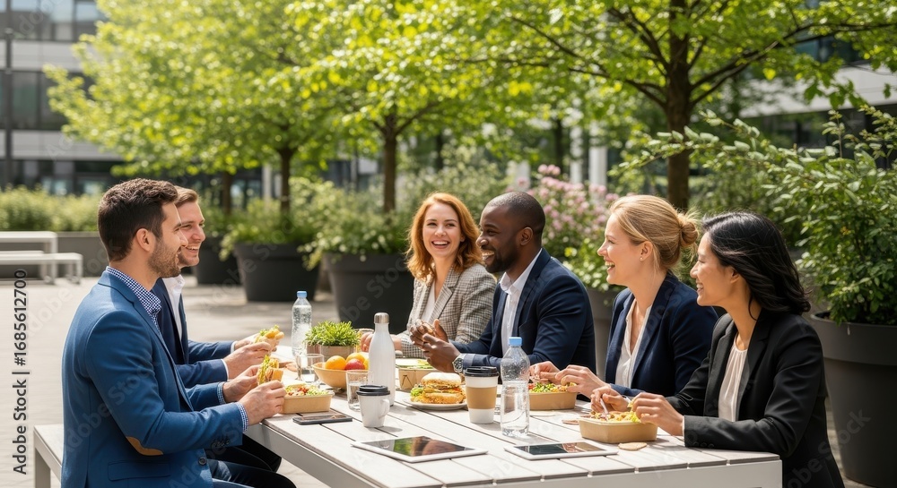 custom made wallpaper toronto digitalMulticultural business team enjoying outdoor lunch break together peacefully