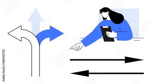Woman holding tablet and pointing decisively, surrounded by directional arrows implying decision-making, guidance, or navigation. Ideal for leadership, decision-making, navigation, strategy, career