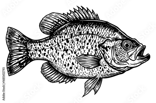 Detailed Crappie Fish Side View Hand Drawn Vintage Style Black and White Outline Line Art Drawing Engraving