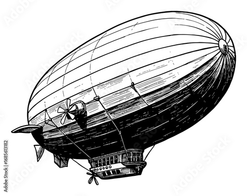 Vintage Airship Zeppelin Dirigible Black and White Outline Line Art Drawing Flying Vehicle Illustration