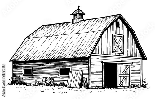A Barn Building Coloring Book Style Black and White Outline Line Art Drawing of a Rural Farm Structure