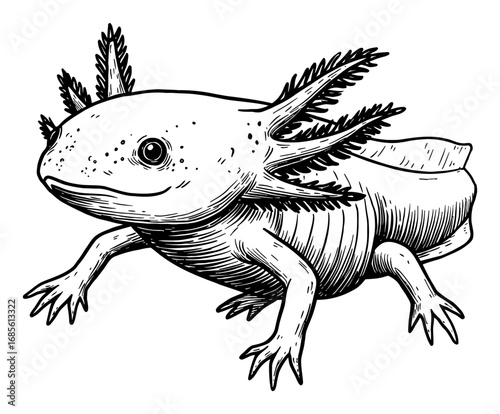 Detailed Axolotl Ambystoma Mexicanum Black and White Outline Line Art Drawing Amphibian Design