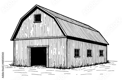 Classic Barn Building Coloring Book Style Black and White Outline Line Art Drawing for Farm Theme