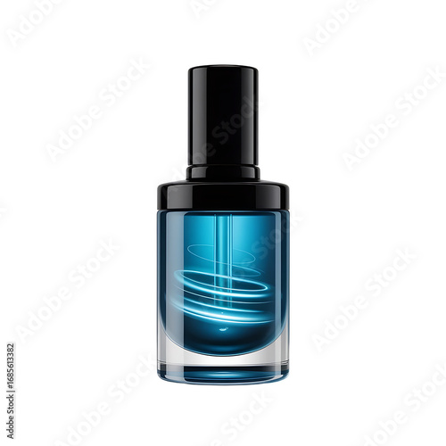 Modern blue liquid serum bottle with swirling light effect isolated on transparent background
