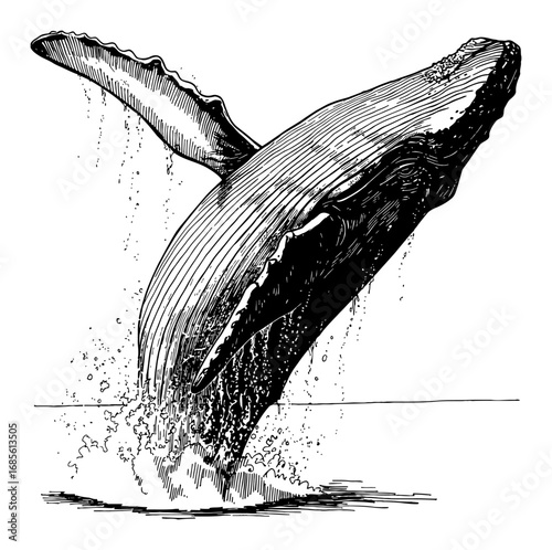 Humpback Whale Breaching from Water with Splash in Black and White Outline Line Art Drawing Dynamic
