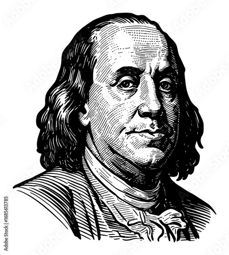 Benjamin Franklin Portrait Cartoon Coloring Book Style Black and White Outline Line Art Drawing Historical Figure Bust Illustration