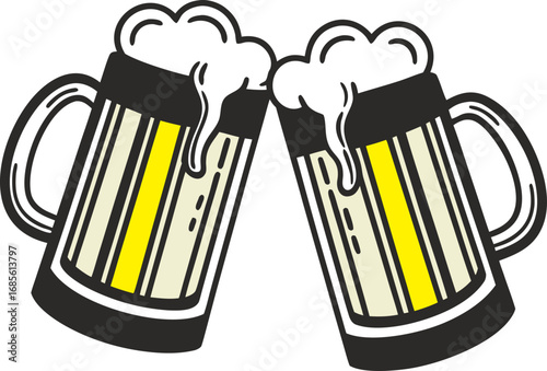 Two beer mugs toasting with frothy beer