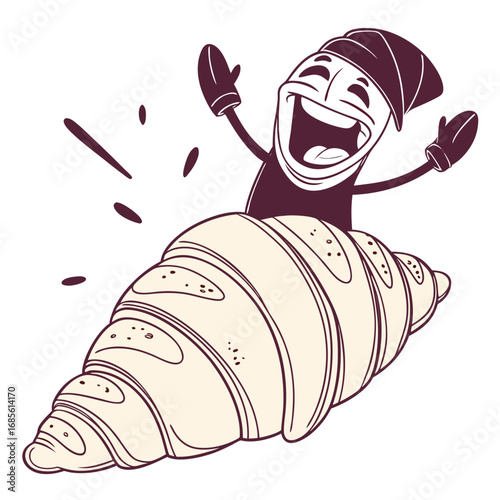 Cartoon character with nightcap riding a croissant with arms raised and a joyful expression visible here vector illustration