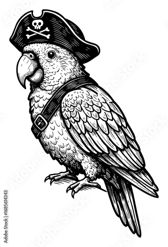 Parrot with Pirate Hat Wearing Bandolier Black and White Outline Line Art Drawing Vintage Engraving Style