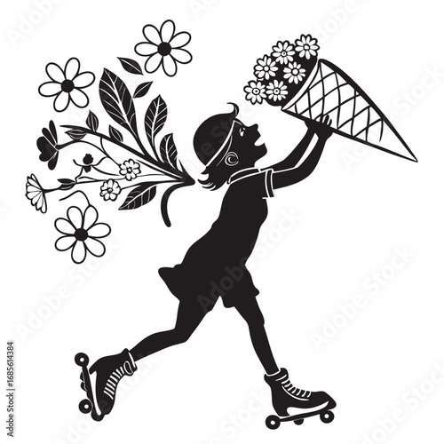 Silhouette of a girl on roller skates holding a cone of flowers with additional flowers behind her vector illustration