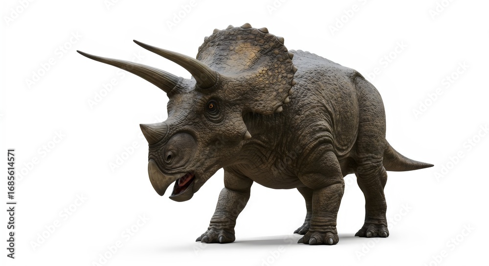 Fototapeta premium Prehistoric Triceratops Dinosaur Portrait with Textured Skin on White Background