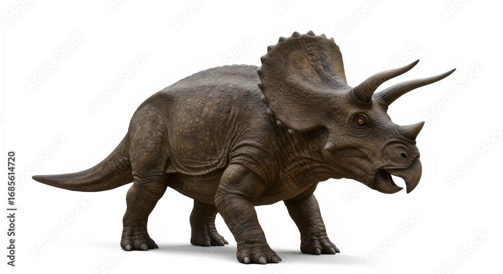 Fototapeta premium Photorealistic Triceratops Skeleton Replica with Detailed Horns Isolated on White Background