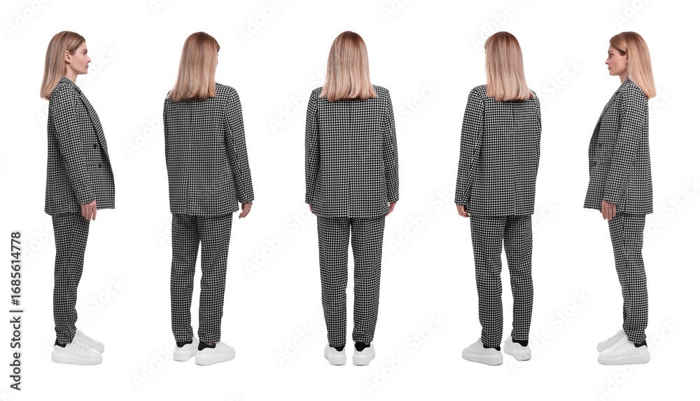© New Africa - Beautiful woman in stylish suit on white background, collage. View from different sides