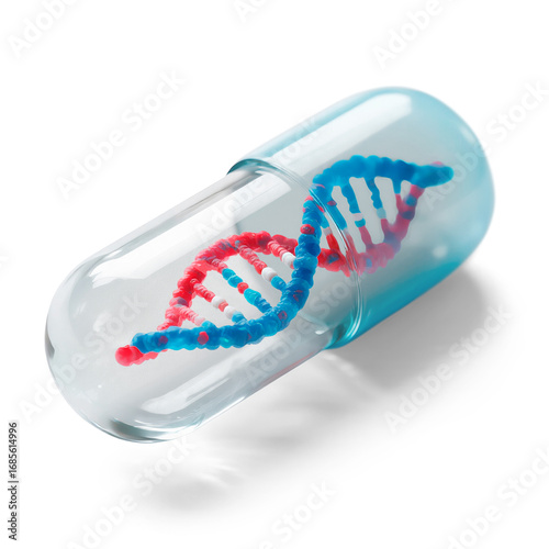 Transparent background image of a capsule containing a DNA double helix, symbolizing medical research, artificial intelligence, and healthcare innovation, with realistic shadow