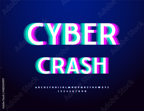 Vector Techno sign Cyber Crash. Defective Digital Font. Broken Uppercase Alphabet Letters and Numbers.