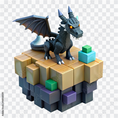 3D Voxel Black Dragon Icon | Pixel Fantasy Creature Perched on Cliff