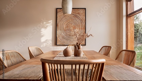 rustic live edge dining table and wooden log chairs against beige wall with big art poster frame farmhouse japandi interior design of modern dining room
