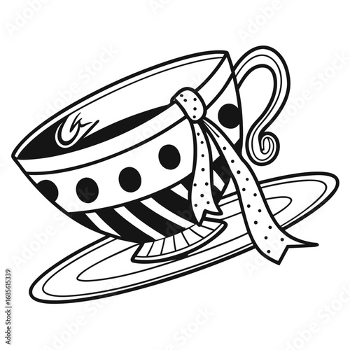 A whimsical teacup with polka dot ribbon and striped design sitting on a saucer in black and white style vector illustration