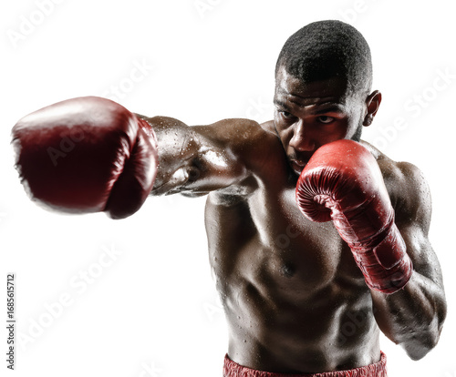 A focused boxer throws a powerful punch, showcasing strength and athleticism in the ring.