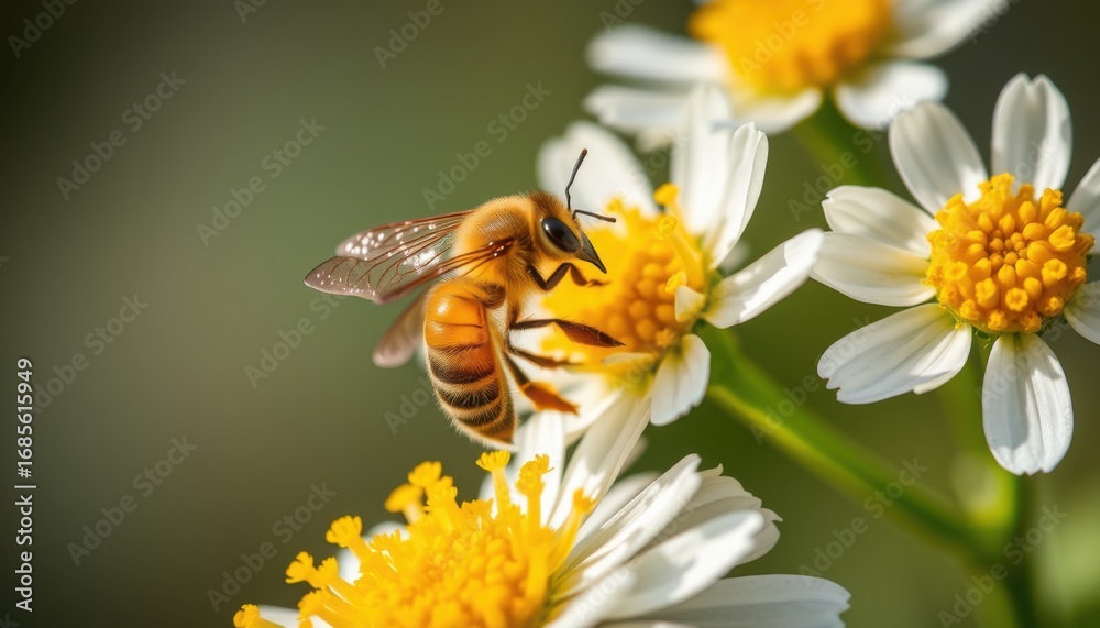 Obraz premium Close up of a busy honeybee collecting nectar from a white and yellow wildflower in soft sunlight